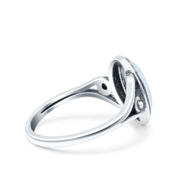 Petite Dainty Oval Vintage Style Ring Oxidized Lab Created White Opal Solid 925 Sterling Silver